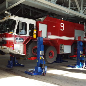 Patriot M-Series mobile column lifts raising a heavy-duty fire truck